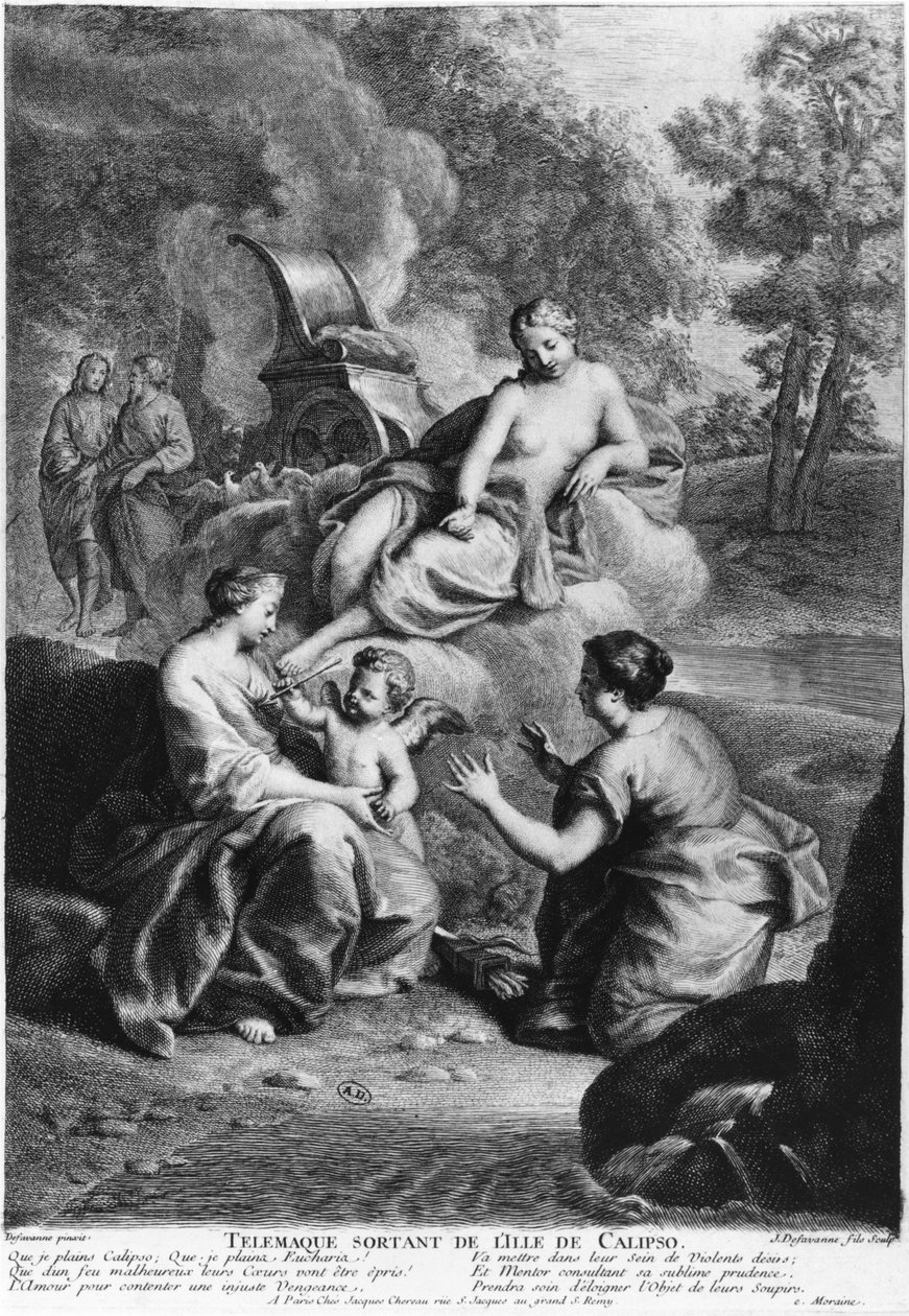 Telemakos lähdössä Kalypson saarelta, kuvitus Francois de Salignac de la Mothe Fenelonin (1651-1715) teoksesta "Telemakoksen seikkailut", kaiverrettu Jacques de Favannen (1716-1770) toimesta. tekijältä Henri Antoine de Favanne