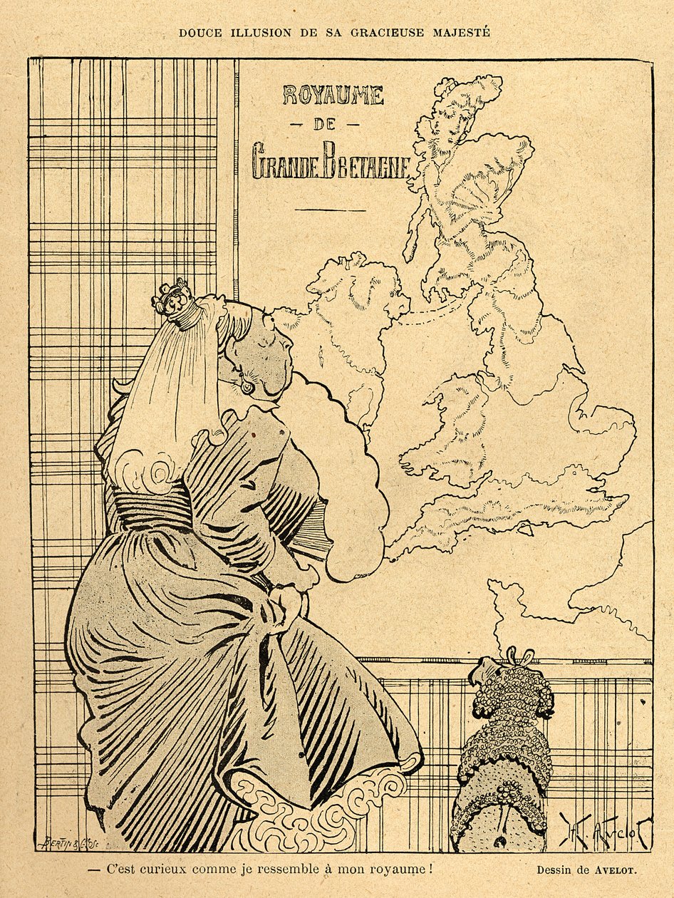 Kuningatar Victorian pilapiirros, Le Rire -lehdestä, 22. huhtikuuta 1899. tekijältä Henri Avelot