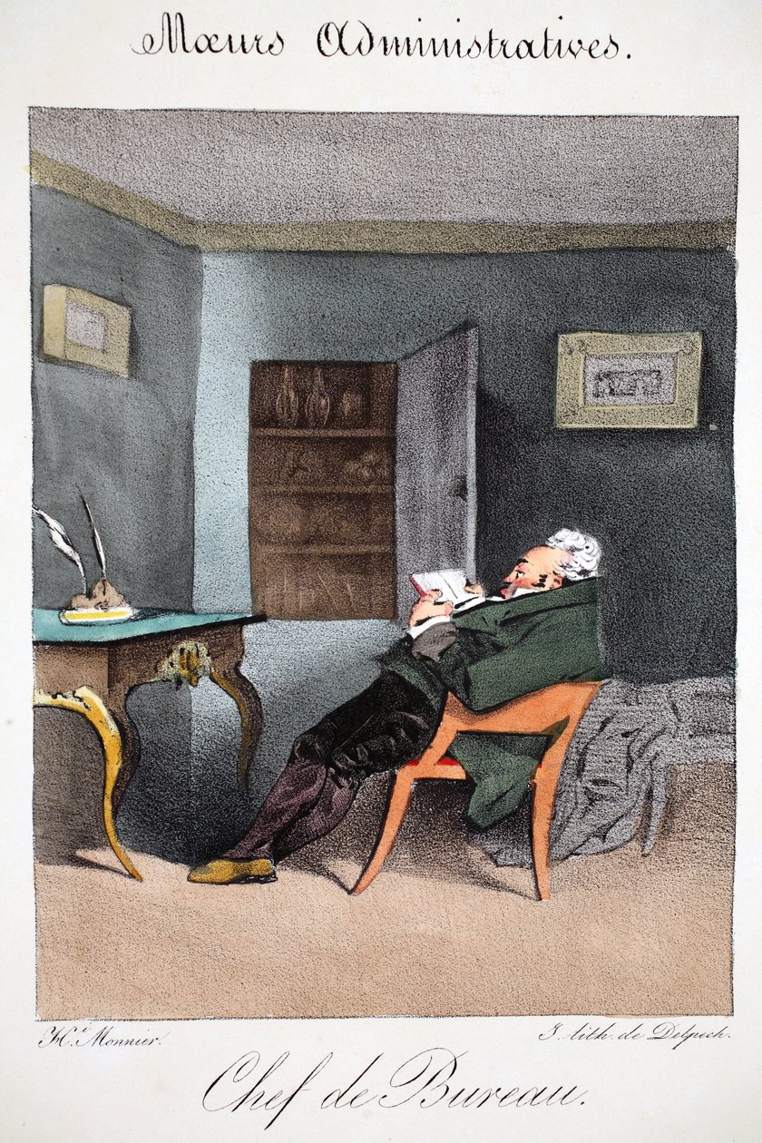 Toimiston päällikkö, piirros Henri Monnierin teoksesta Mores Administratives, Dessinées By Nature, litografia Delpech, pub. Pariisi, n. 1828 (käsinvärinen lito) tekijältä Henri Bonaventure Monnier
