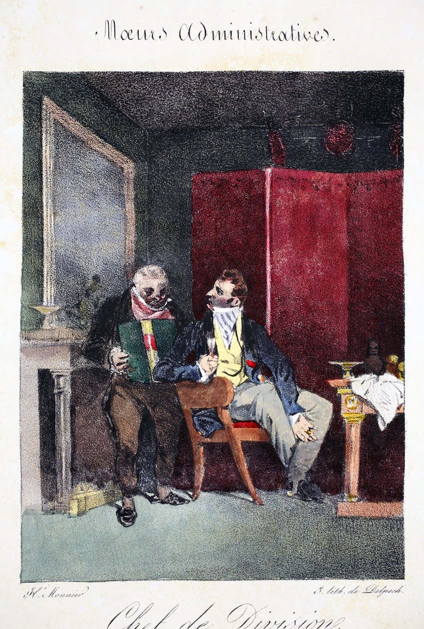 Osaston päällikkö, piirros Henri Monnierin teoksesta Mores Administratives, Dessinées By Nature, litografia Delpech, pub. Pariisi, n. 1828 (käsinvärinen lito) tekijältä Henri Bonaventure Monnier