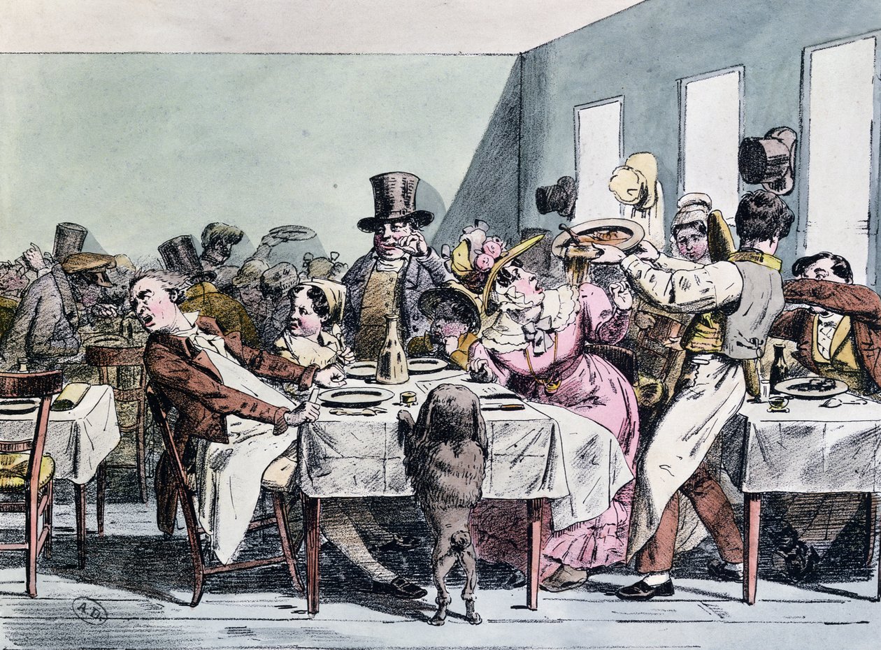 Ihastuttava perheen kokemus tungosta ravintolassa, n. 1860 tekijältä Henri Bonaventure Monnier