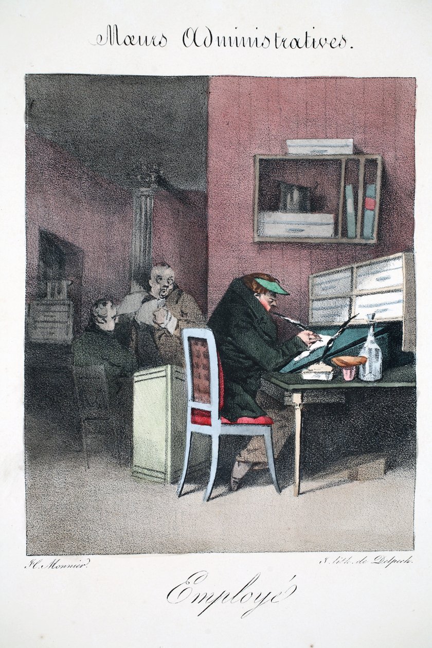 Työntekijä, piirros Henri Monnierin teoksesta Mores Administratives, Dessinées By Nature, litografia Delpech, pub. Pariisi, n. 1828 (käsinvärinen lito) tekijältä Henri Bonaventure Monnier