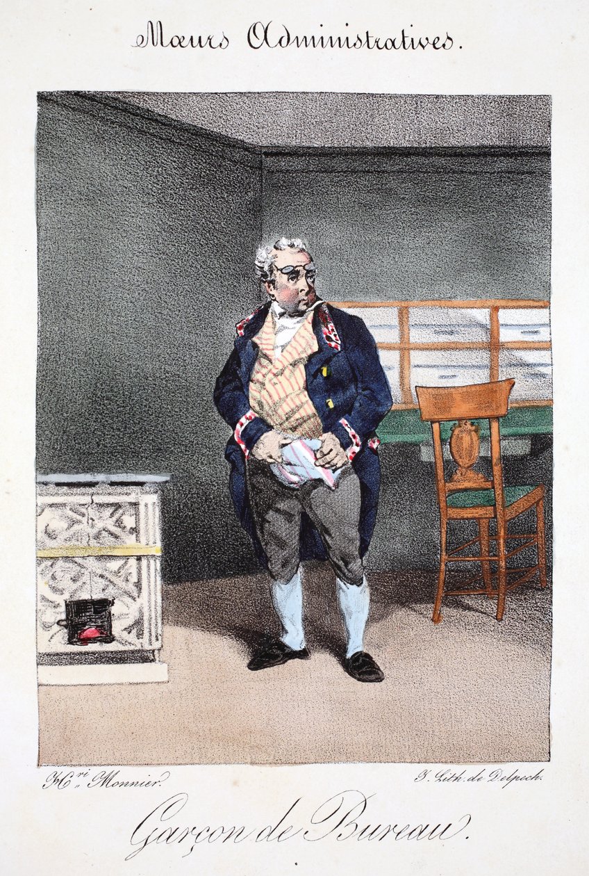 Toimistopoika, piirros Henri Monnierin teoksesta Mores Administratives, Dessinées By Nature, litografia Delpech, pub. Pariisi, n. 1828 (käsinvärinen lito) tekijältä Henri Bonaventure Monnier