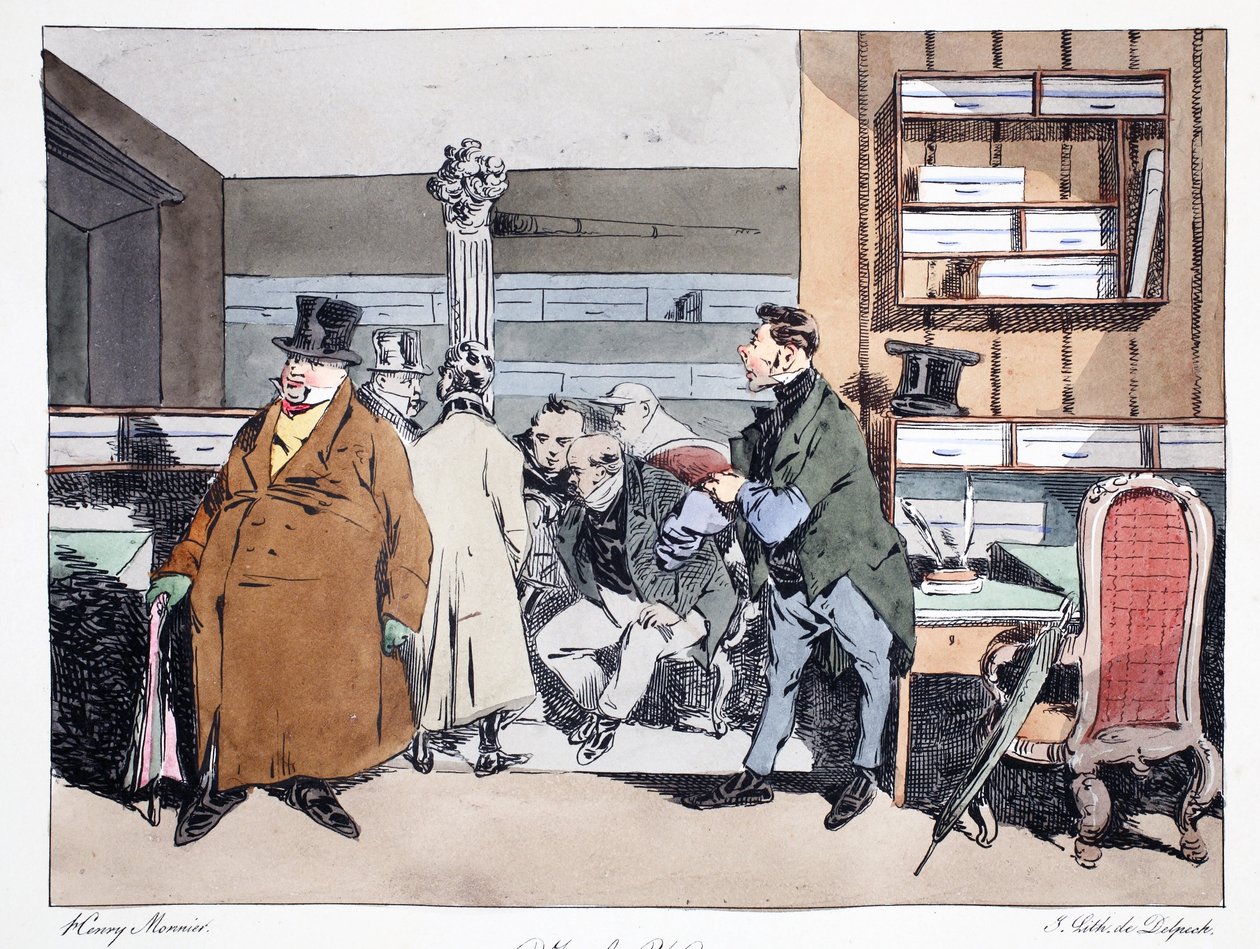 Kuvitus Henri Monnierin teoksesta Mores Administratives, Dessinées Under Nature, litografia Delpech, pub. Pariisi, n. 1828 (käsinvärinen lito) tekijältä Henri Bonaventure Monnier