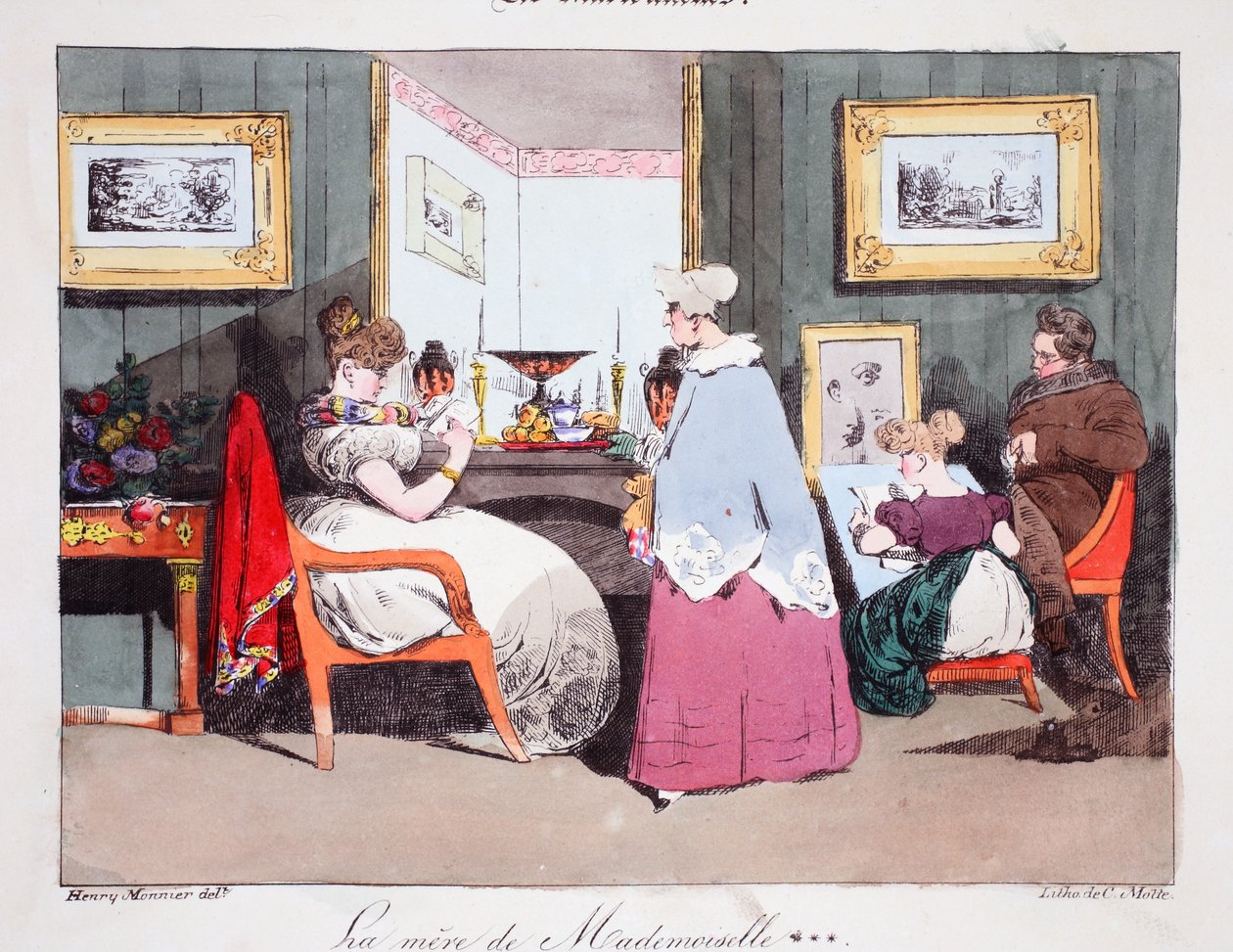 Mademoisellen äiti, kuvitus Henri Monnierin teoksesta "Les Marionnettes", litografia Delpech, pub. Pariisi, n. 1828 (käsinvärinen lito) tekijältä Henri Bonaventure Monnier
