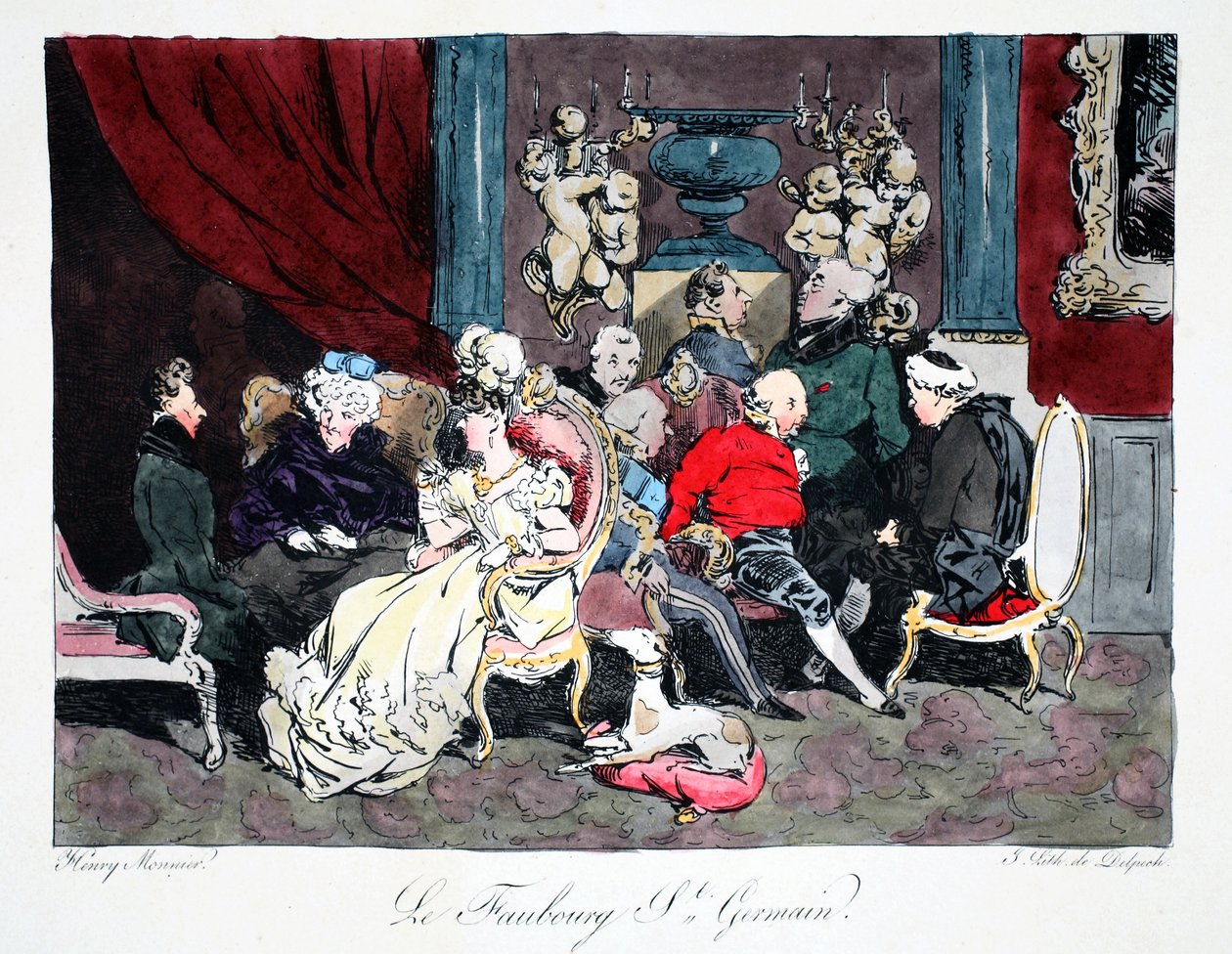 Le Faubourg St. Germain, kuvitus Henri Monnierin teoksesta "Six Quartiers de Paris", litografia F.S. Delpech, pubi. Pariisi, n. 1828 (käsinvärinen lito) tekijältä Henri Bonaventure Monnier