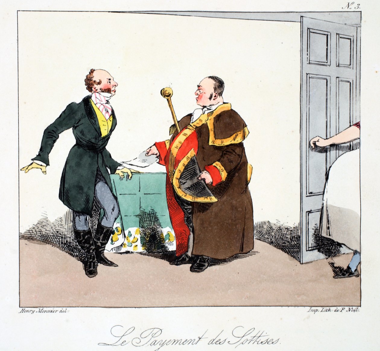 Le Payement des Sottises, kuvitus Henri Monnierin teoksesta "Mores Administratives, Dessinées Under Nature", litografia Delpech, pub. Pariisi, n. 1828 (käsinvärinen lito) tekijältä Henri Bonaventure Monnier