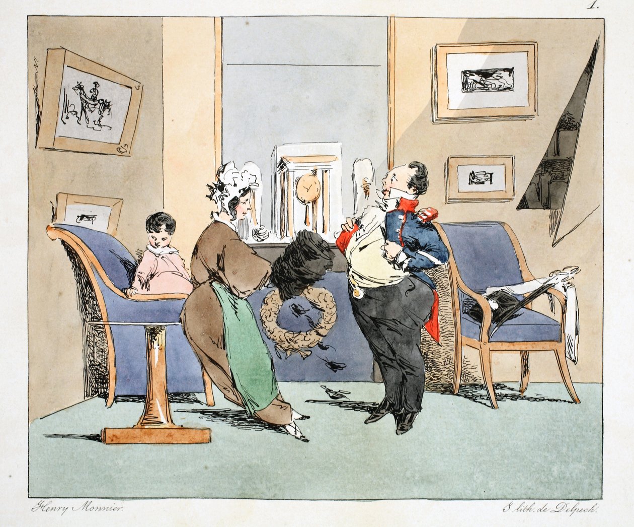 Madame Ledru, minusta on tullut hirvittävän voimakas, n. 1828 (käsinvärinen litho) tekijältä Henri Bonaventure Monnier