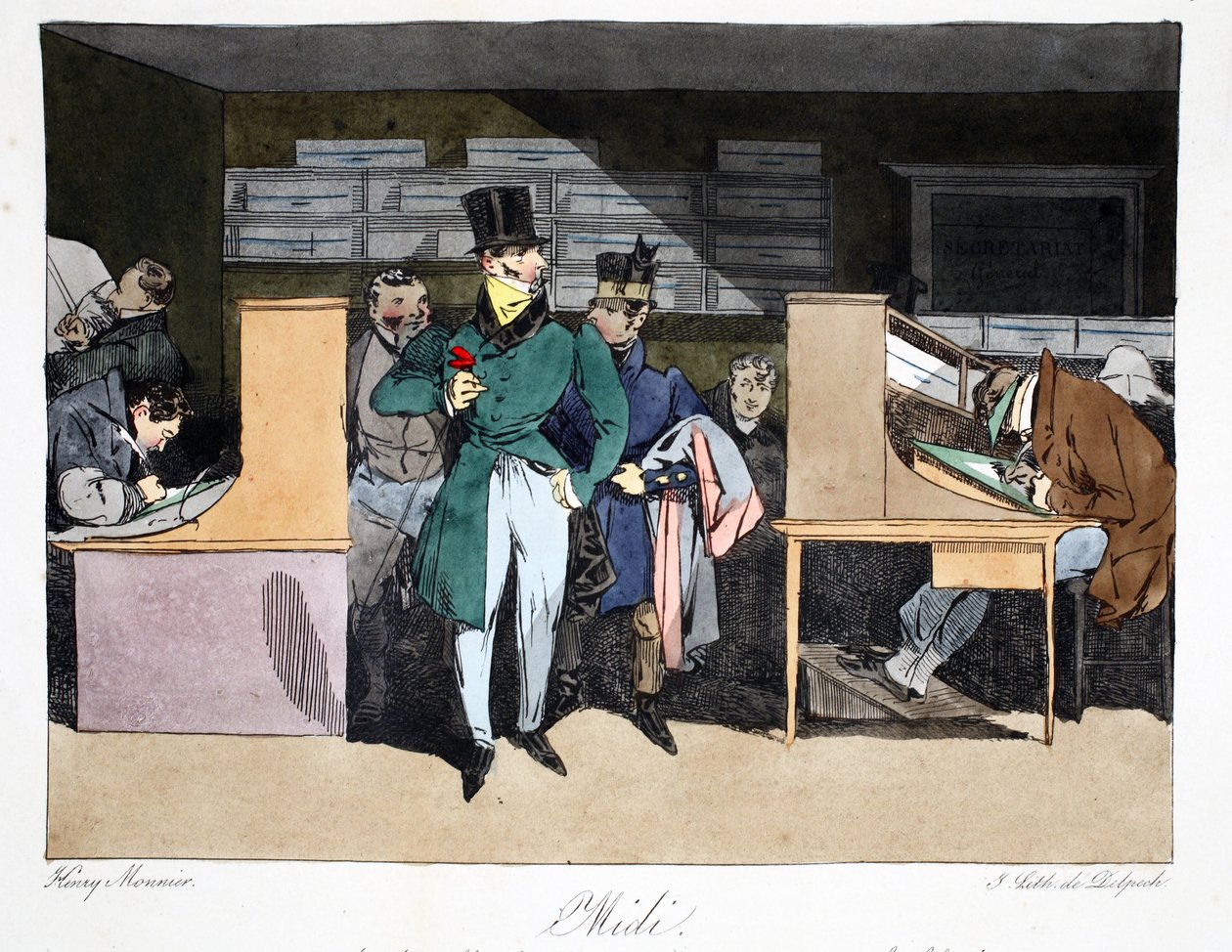 Midi, kuvitus Henri Monnierin teoksesta "Moeurs Administratives, Dessinées By Nature", litografia Delpech, pub. Pariisi, n. 1828 (käsinvärinen lito) tekijältä Henri Bonaventure Monnier