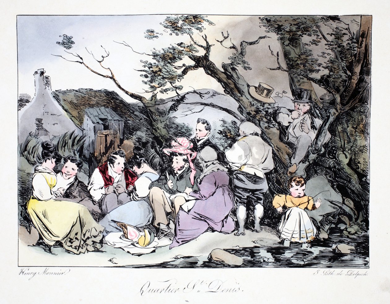 Quartier St. Denis, kuvitus Henri Monnierin Six Quartiers de Parisista, litografia F.S. Delpech, pubi. Pariisi, n. 1828 (käsinvärinen lito) tekijältä Henri Bonaventure Monnier