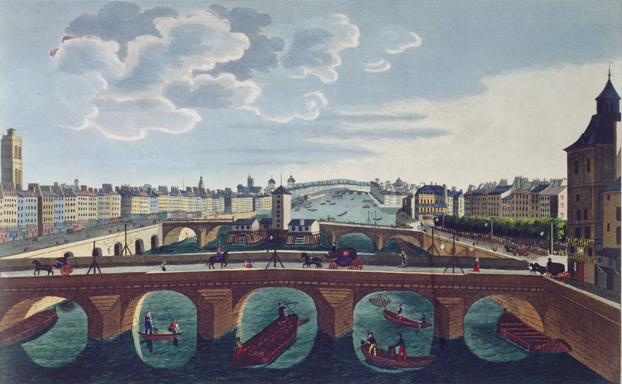 Pont au Change ja Pont Notre Dame, n. 1815-20 (värikaiverrus) tekijältä Henri Courvoisier Voisin