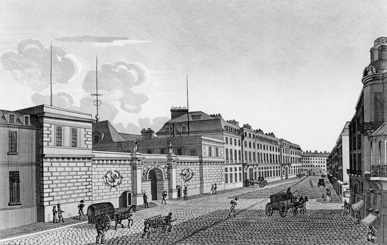 Näkymä Ranskan keskuspankille Rue Croix-des-Petits-Champsilta, 1800 tekijältä Henri Courvoisier Voisin