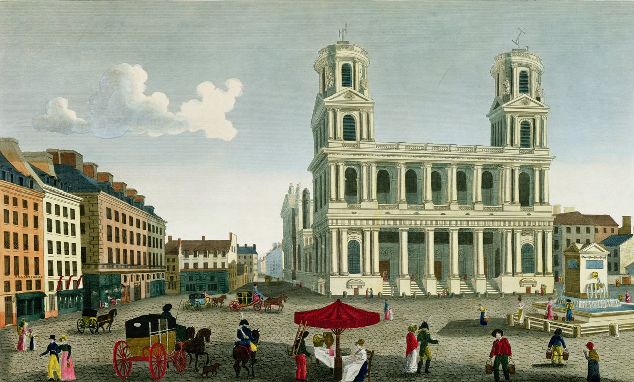 Näkymä Saint-Sulpicen kirkolle, kaiverrus Anne Rosalie Filleul (s. Bouquet) (1752-94) tekijältä Henri Courvoisier Voisin