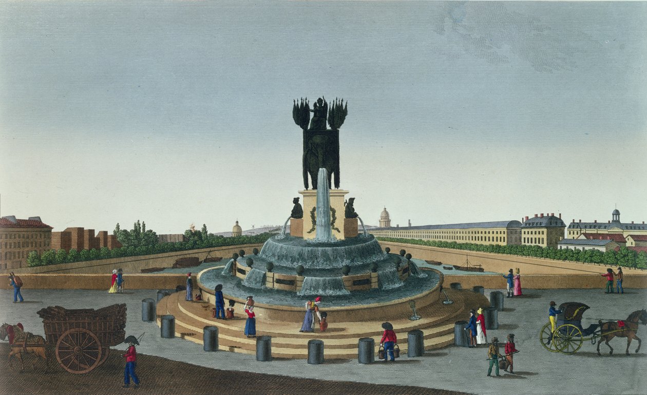 Elephant Fountain Place de la Bastillessa, n. 1815-20 (värikaiverrus) tekijältä Henri Courvoisier Voisin