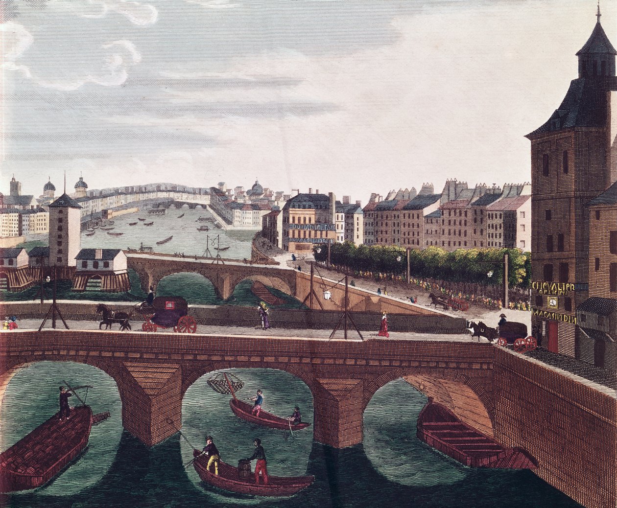 Pont au Change ja Pont Notre Dame, n.1815-20, värikaiverrus, yksityiskohta 220485:stä tekijältä Henri Courvoisier Voisin