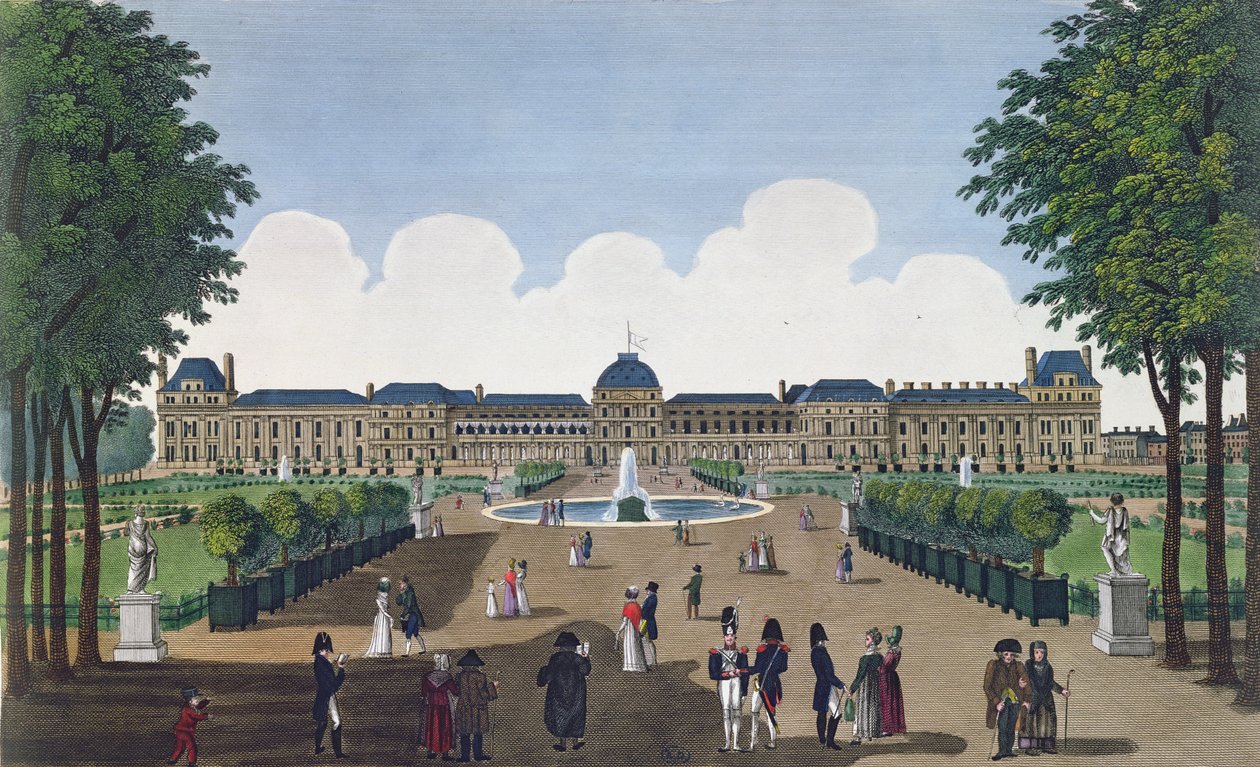 Tuileries ja Tuileries Gardens, n. 1815-20 (värikaiverrus) tekijältä Henri Courvoisier Voisin
