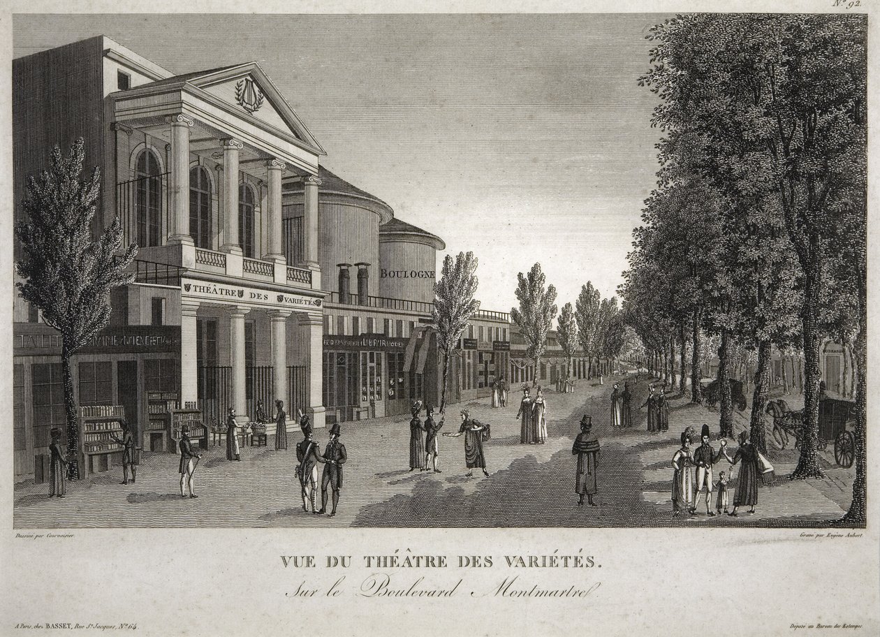 Theater des Varietes, Boulevard Montmartre, Pariisi, kaiverrus Eugene Aubert (1789-1847) n. 1810 tekijältä Henri Courvoisier Voisin
