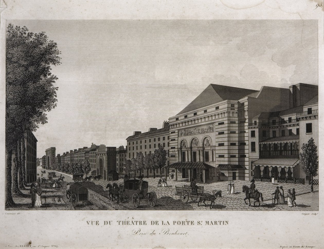 Porte St. Martinin teatteri, Boulevard Montmartre, Pariisi, kaiverrus Guiguet, n. 1810 tekijältä Henri Courvoisier Voisin