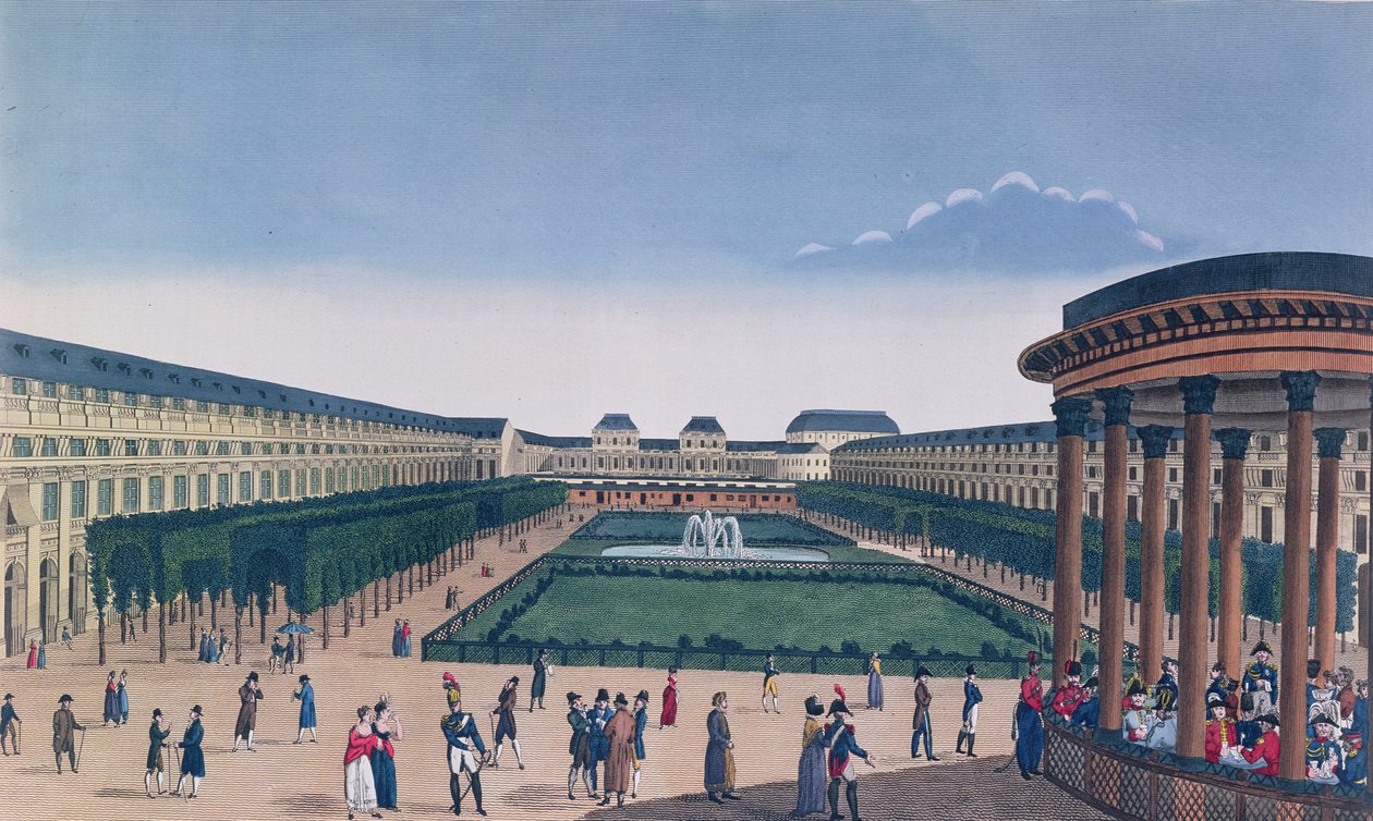 Näkymä Palais Royalin puutarhaan Rotundalta nähtynä, kaiverrus Eugene Aubert, n. 1820 tekijältä Henri Courvoisier Voisin