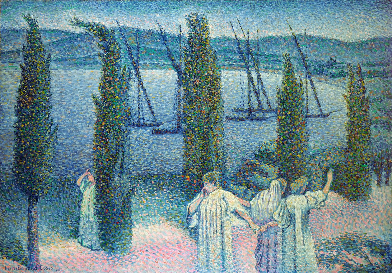 Näkymä rannikolle sypressipuiden kera, 1896 tekijältä Henri Edmond Cross
