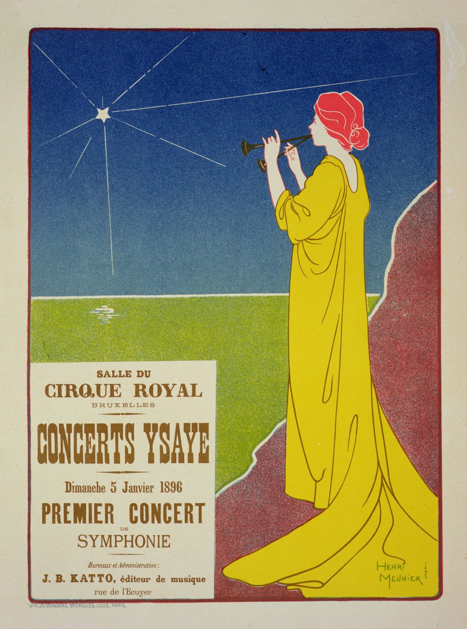 Jäljennös julisteesta, joka mainostaa Ysaye Concertsia, Salle du Cirque Royal, Bryssel, 1895 tekijältä Georges Meunier