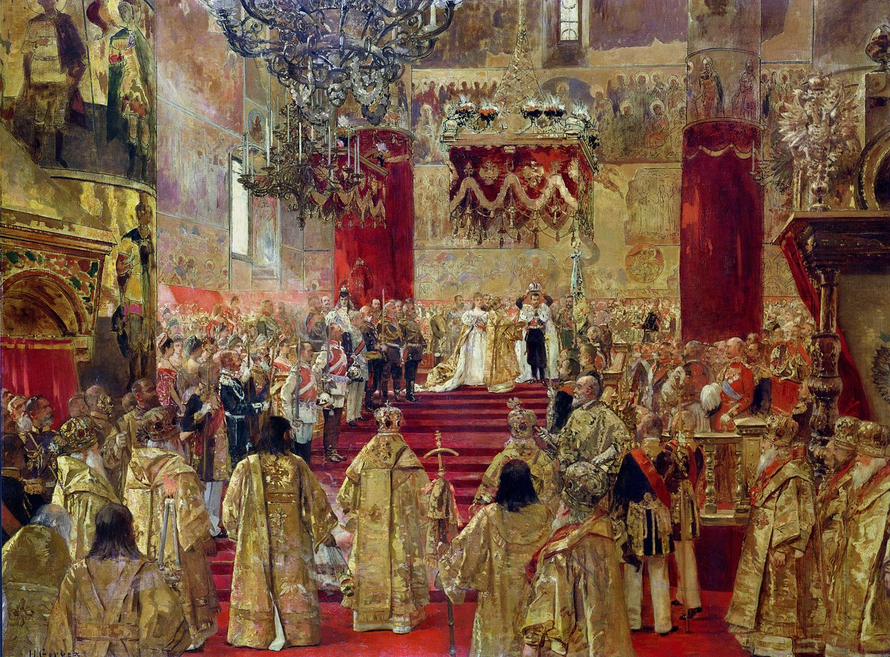 Tutkimus tsaari Nikolai II:n (1868-1918) ja tsaariina Aleksandran (1872-1918) kruunajaiskirkossa Moskovassa, 14. toukokuuta 1896 tekijältä Henri Gervex