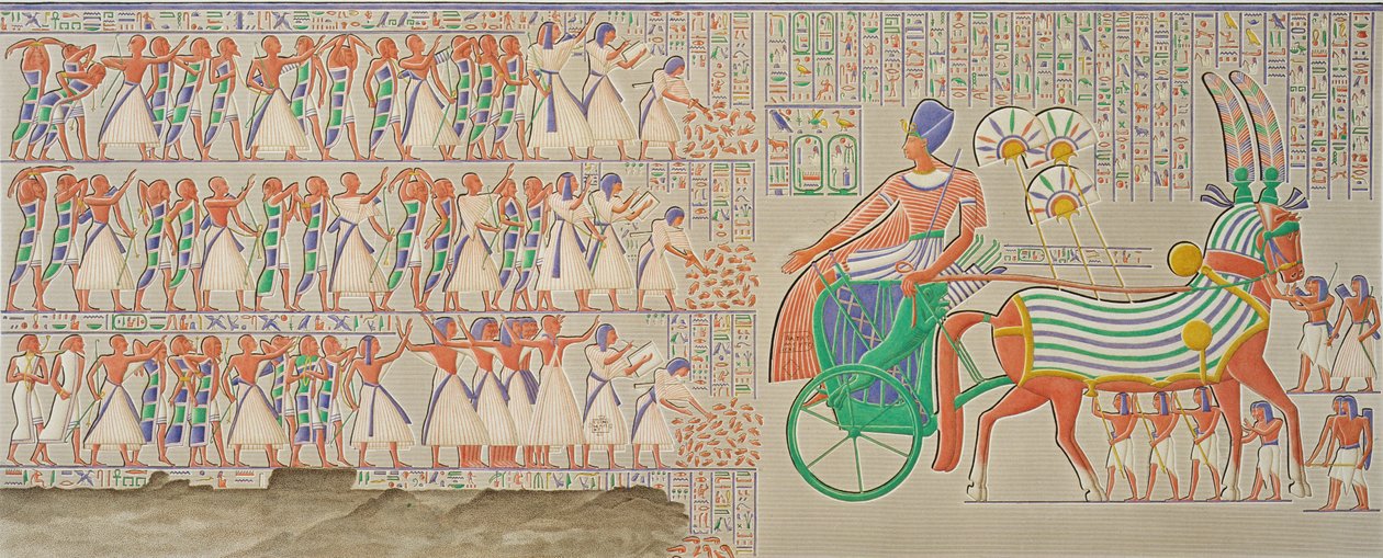 Bas-reliefi Medynet-Aboussa, Theban kuninkaiden palatsissa, osa I, levy 12, Edmonde Francois Jomardin teoksesta "Descriptions of Egypt", kaiverrettu Antoine Phelippeaux