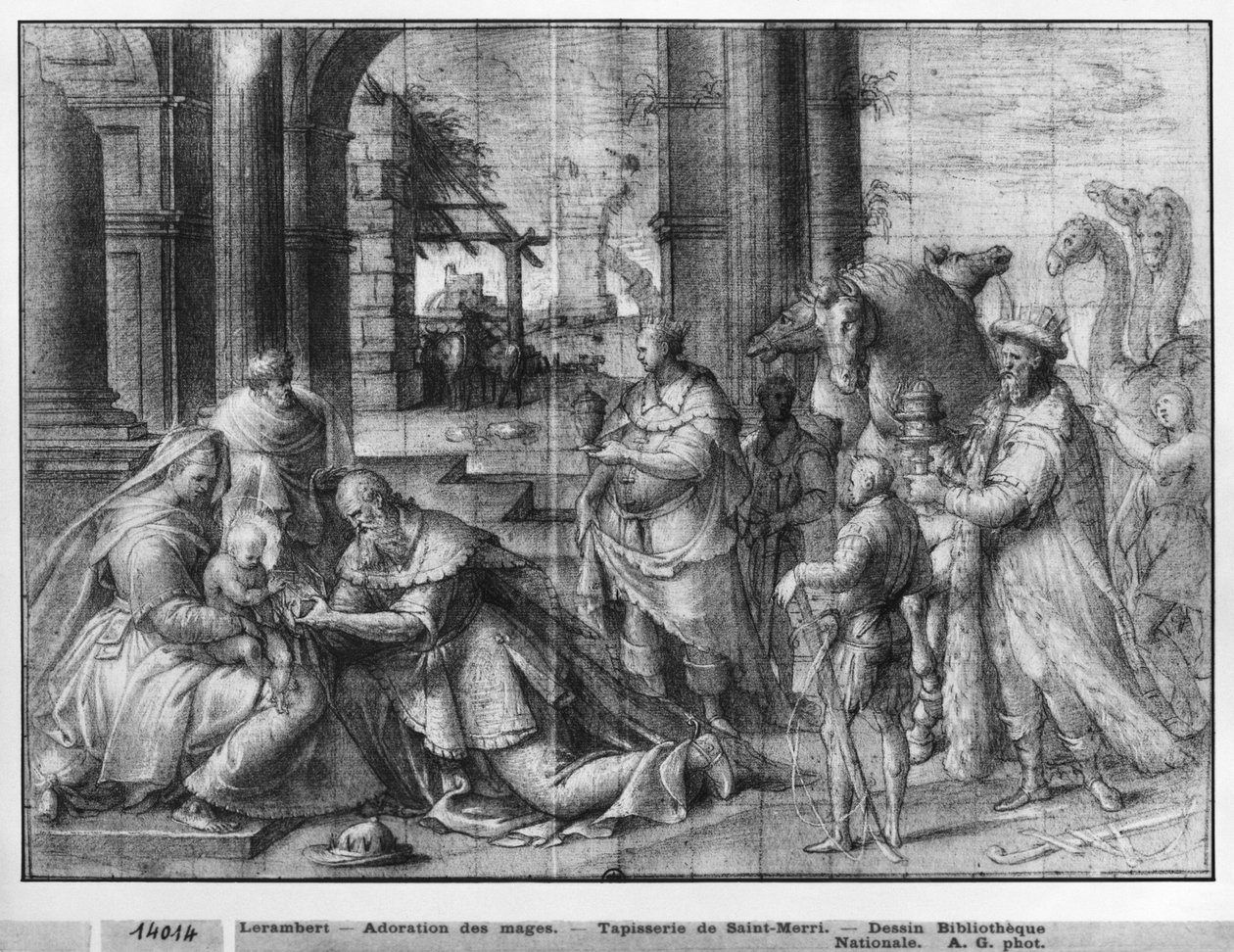 Kristuksen elämä, tietäjien palvominen, valmisteluesimerkki seinävaatekuvasta Pariisin Saint-Merrin kirkkoon, noin 1585-90 (pierre noire ja wash ja valkoiset korostukset paperille). tekijältä Henri Lerambert