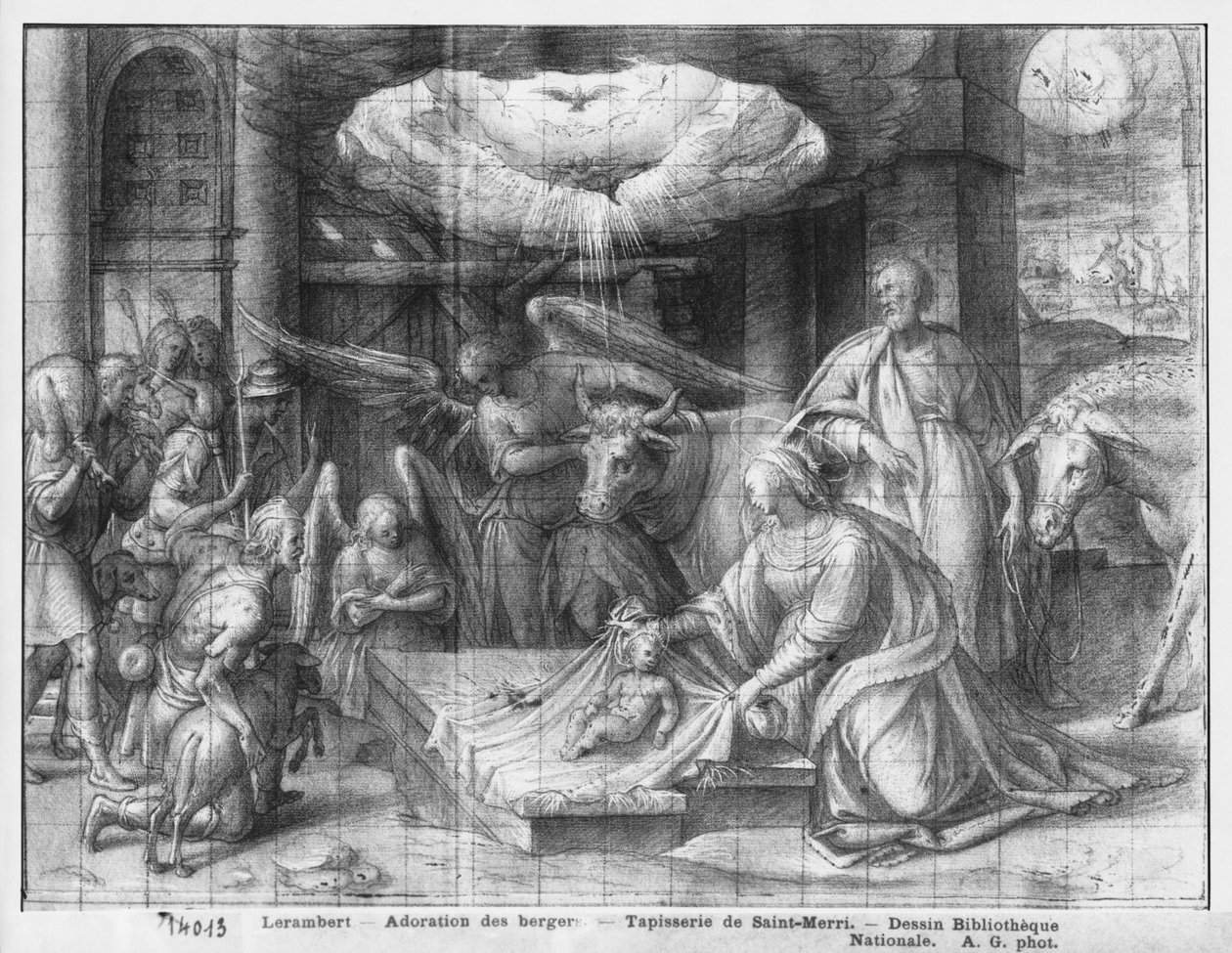 Kristuksen elämä, paimenten palvonta, kuvakudossarjakuvan valmistelututkimus Saint-Merrin kirkolle Pariisissa, n. 1585-1590 (pierre noire und wash ja valkoiset kohokohdat paperilla) tekijältä Henri Lerambert