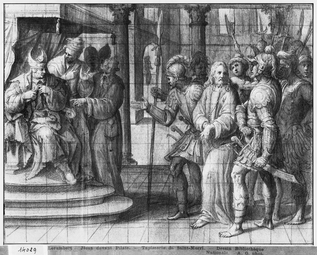 Kristuksen elämä, Kristus Pontius Pilatuksen edessä, Pariisin Saint-Merri-kirkkoon tarkoitetun seinävaatekuvaston valmistelututkimus, noin 1585-90 (pierre noire ja wash ja valkoiset korostukset paperille). tekijältä Henri Lerambert