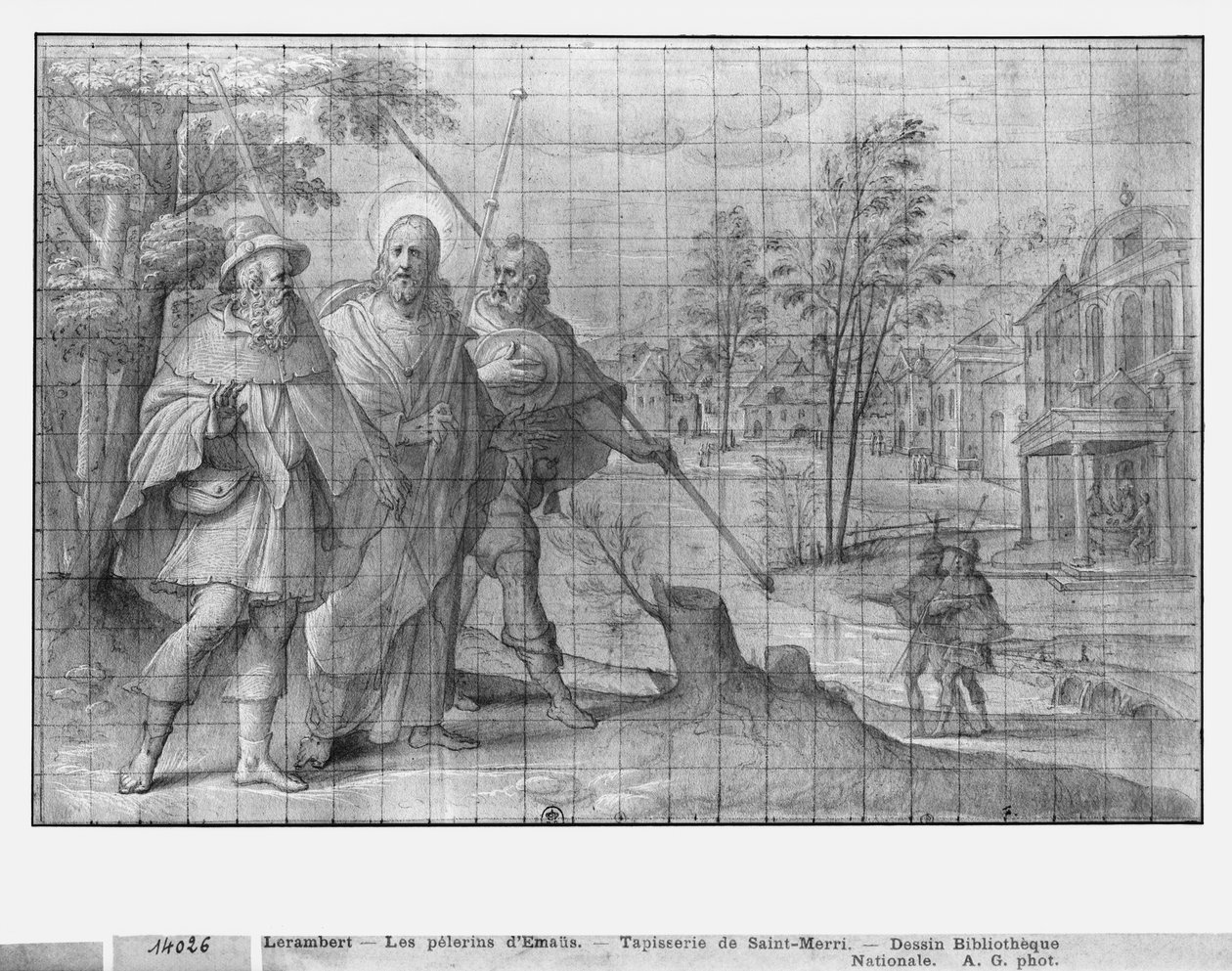 Kristuksen elämä, Kristus matkalla Emmaukseen, kuvakudossarjakuvan valmistelututkimus Saint-Merrin kirkolle Pariisissa, n. 1585-1590 (pierre noire und wash ja valkoiset kohokohdat paperilla) tekijältä Henri Lerambert
