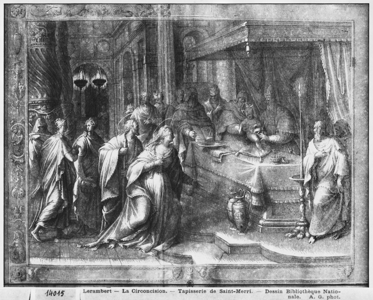 Kristuksen elämä, ympärileikkaus, kuvakudossarjakuvan valmistelututkimus Saint-Merrin kirkolle Pariisissa, n. 1585-1590 (pierre noire, pesu ja valkoiset kohokohdat paperilla) tekijältä Henri Lerambert