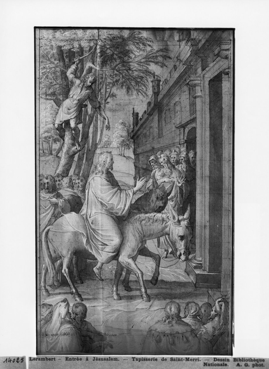 Kristuksen elämä, Kristuksen tulo Jerusalemiin, kuvakudossarjakuvan valmistelututkimus Saint-Merrin kirkolle Pariisissa, n. 1585-1590 (pierre noire und wash ja valkoiset kohokohdat paperilla) tekijältä Henri Lerambert