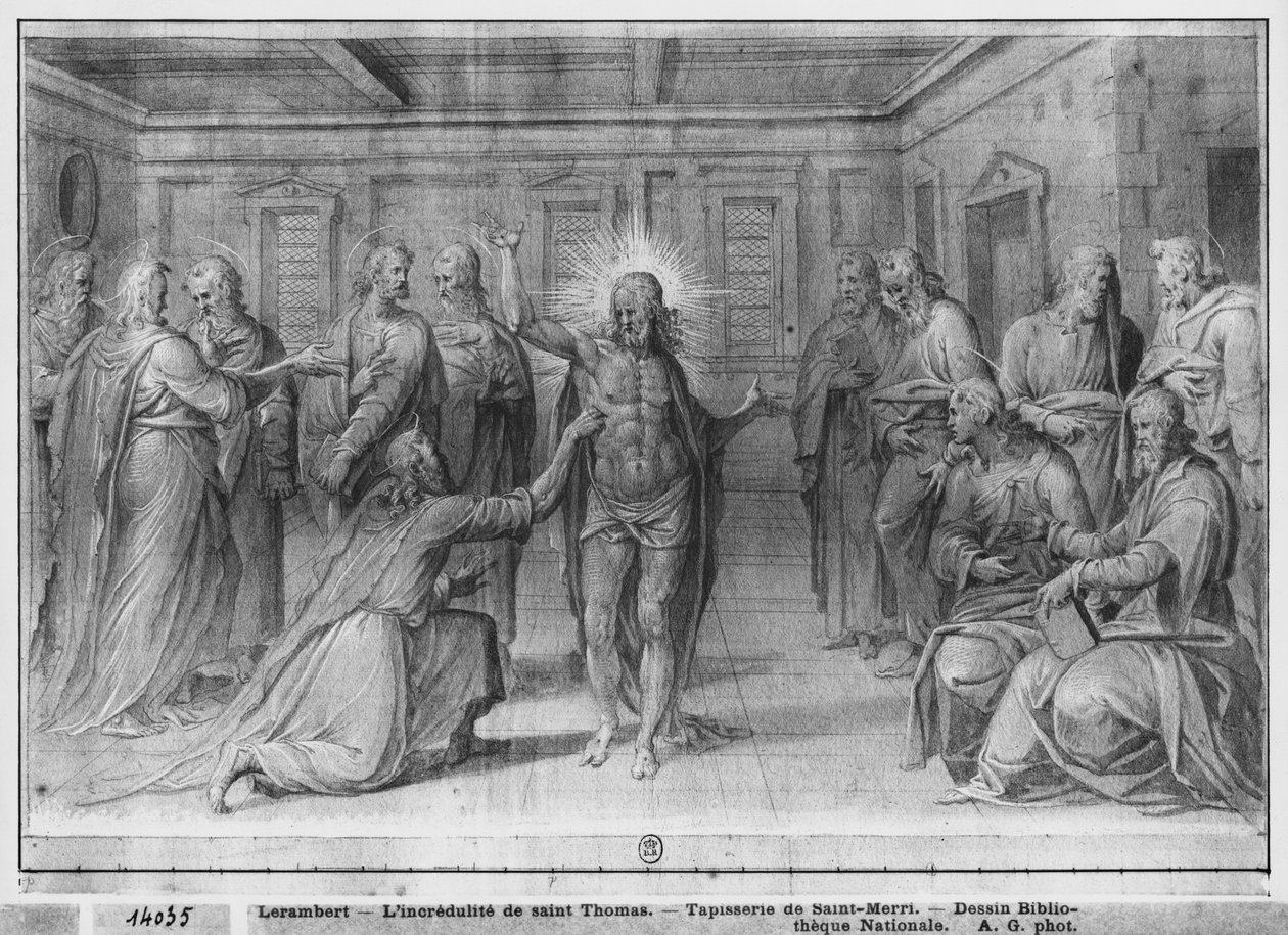 Kristuksen elämä, St. Thomasin uskomattomuus, kuvakudossarjakuvan valmistelututkimus Saint-Merrin kirkolle Pariisissa, n. 1585-1590 (pierre noire und wash ja valkoiset kohokohdat paperilla) tekijältä Henri Lerambert
