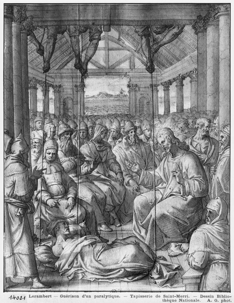 Kristuksen elämä, Jeesus parantaa halvaantuneen Kapernaumissa, valmistelututkimus Pariisin Saint-Merri-kirkkoon tehtävää seinävaatekuviota varten, n. 1585-90 (pierre noire ja wash ja valkoiset korostukset paperille). tekijältä Henri Lerambert