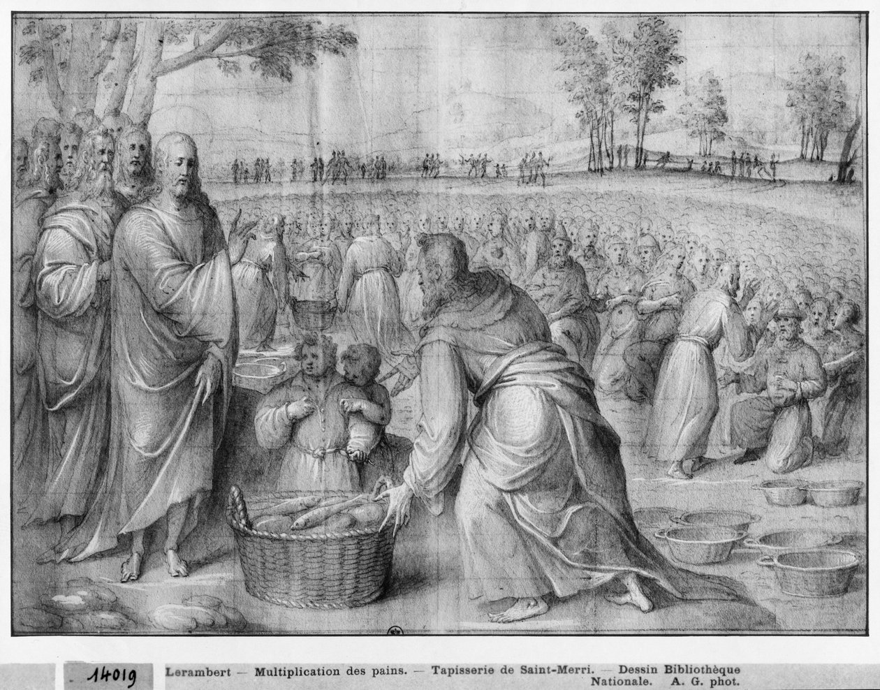 Kristuksen elämä, leipien ja kalojen lisääntyminen, kuvakudossarjakuvan valmistelututkimus Saint-Merrin kirkolle Pariisissa, n. 1585-1590 (pierre noire und wash ja valkoiset kohokohdat paperilla) tekijältä Henri Lerambert