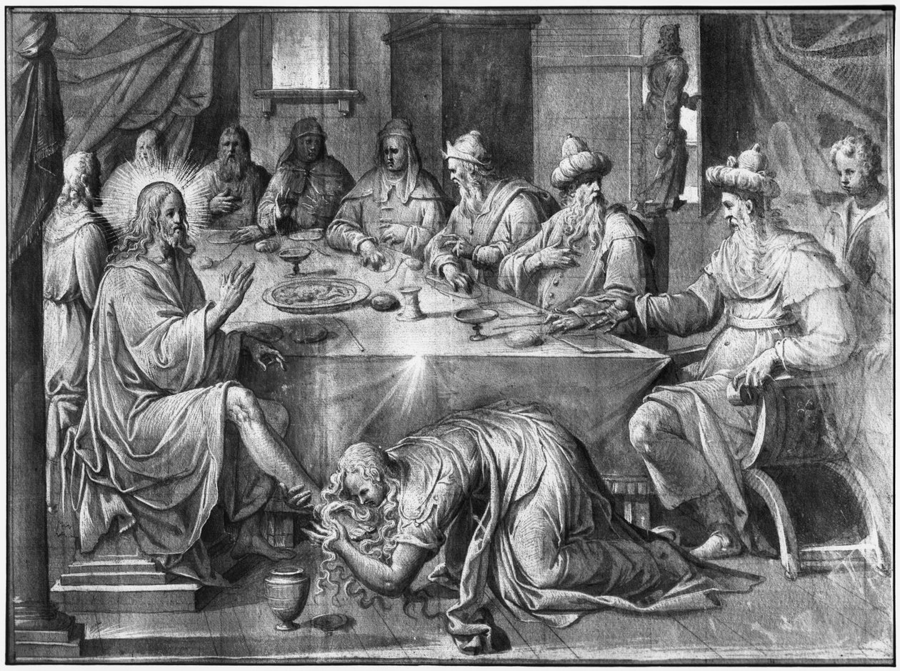 Kristuksen elämä, ateria Simon fariseuksen talossa, kuvakudossarjakuvan valmistelututkimus Saint-Merrin kirkolle Pariisissa, n. 1585-1590 (pierre noire und wash ja valkoiset kohokohdat paperilla) tekijältä Henri Lerambert