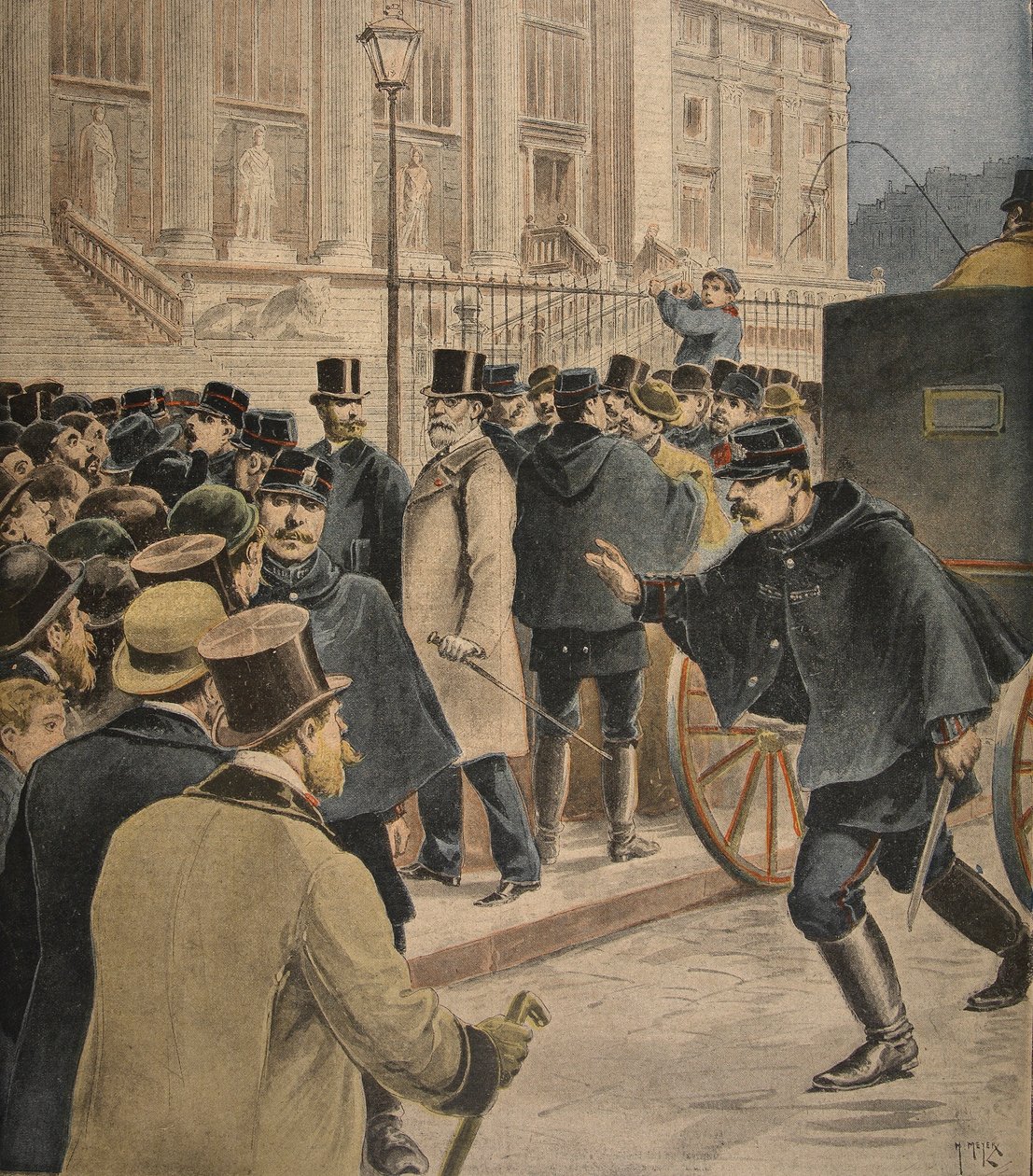 Emile Zola oikeustalon ulkopuolella, kuvitus julkaisusta "Le Petit Journal: Supplement illustre", 20. helmikuuta 1898 tekijältä Henri Meyer