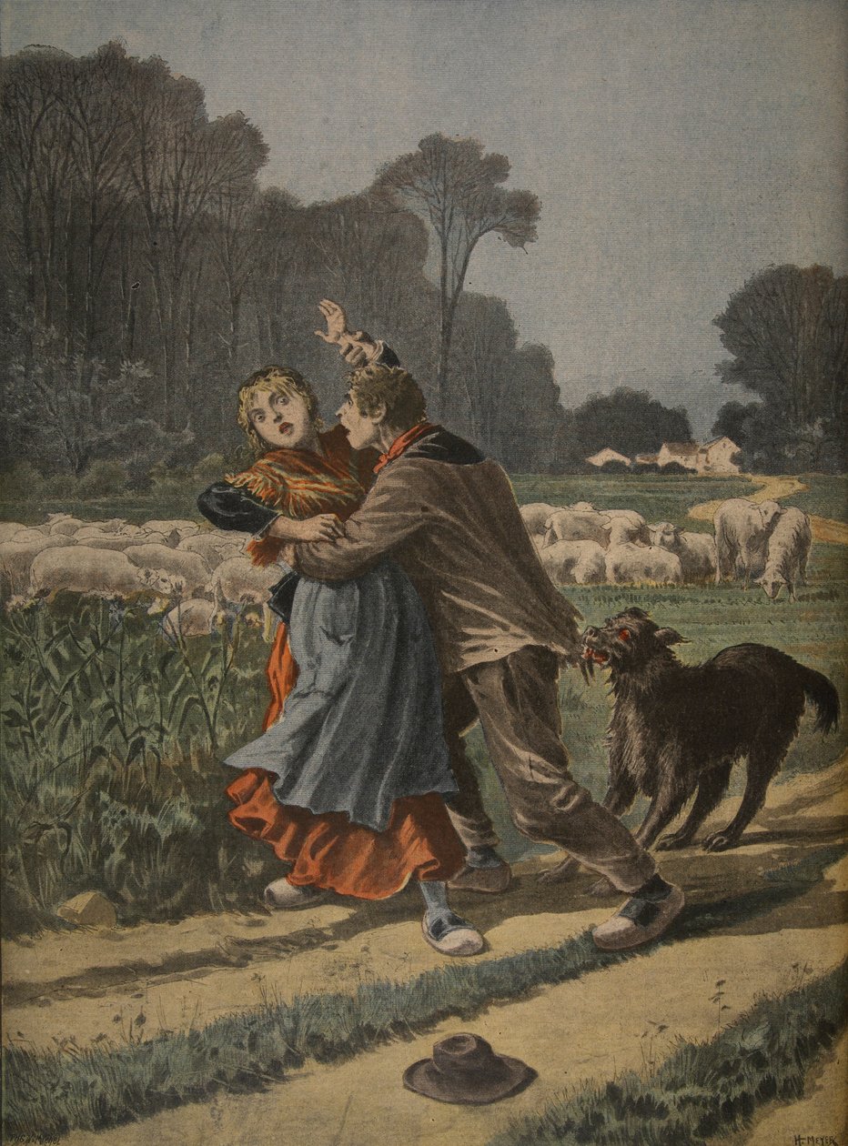 Koiransa puolustama paimentar, kuvitus julkaisusta "Le Petit Journal: Supplement illustre", 9. tammikuuta 1898 tekijältä Henri Meyer
