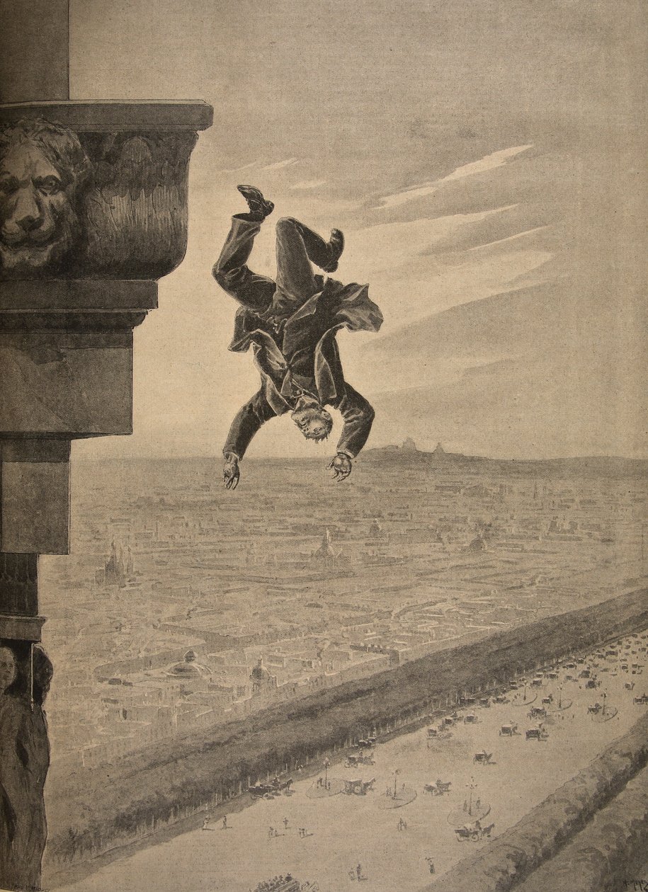 Itsemurha Riemukaarella, kuvitus julkaisusta "Le Petit Journal: Supplement illustre", 8. toukokuuta 1898 tekijältä Henri Meyer