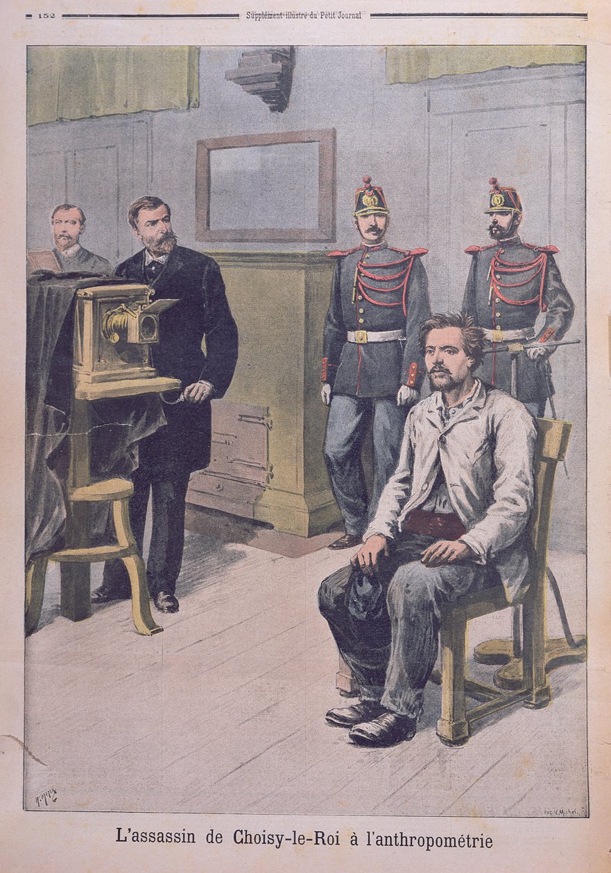Choisy-le-Royn salamurhaaja kuvattiin ennen professori Bertillonia, Le Petit Journalista, 7. toukokuuta 1899 (värillinen litho) tekijältä Henri Meyer