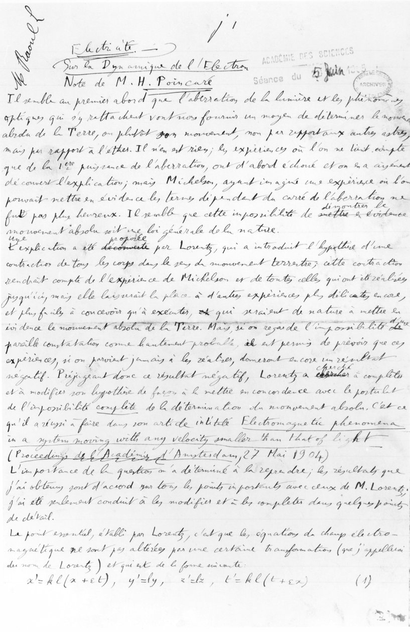 Käsikirjoitus elektronidynamiikasta, 5. kesäkuuta 1905 (kynä ja muste paperille) tekijältä Henri Poincare