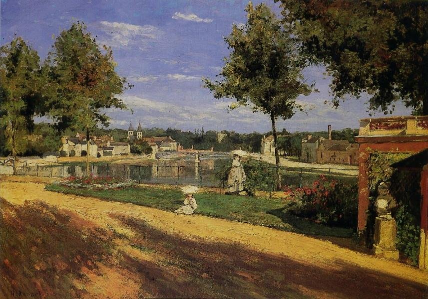 Terassi Seinen rannalla MelunnissaFrancais: La terrasse au bord de la Seine a Melun. Au fond La Maison centrale de Melun sur lile Saint-Etienne. On apercoit quelques usines de Vaux-le-Penil sur la rive droite de la Seine et au fond on peut entre tekijältä Henri Rouart
