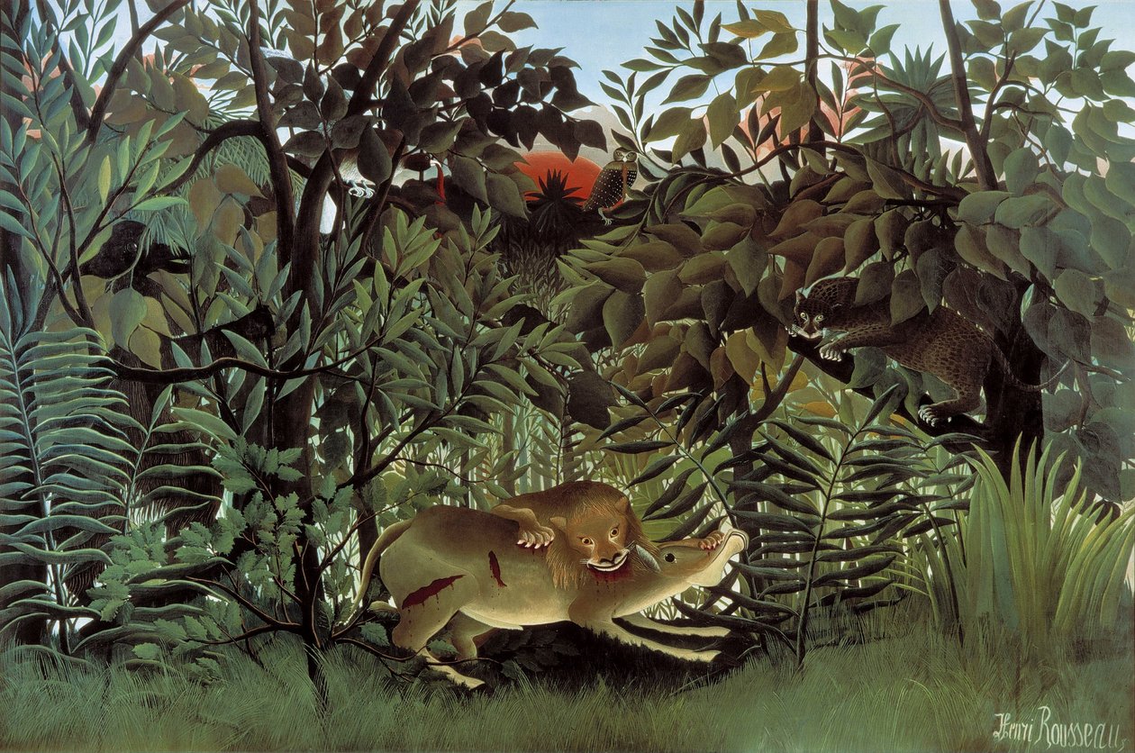 Nälkäinen leijona hyökkää antilooppia vastaan tekijältä Henri Rousseau