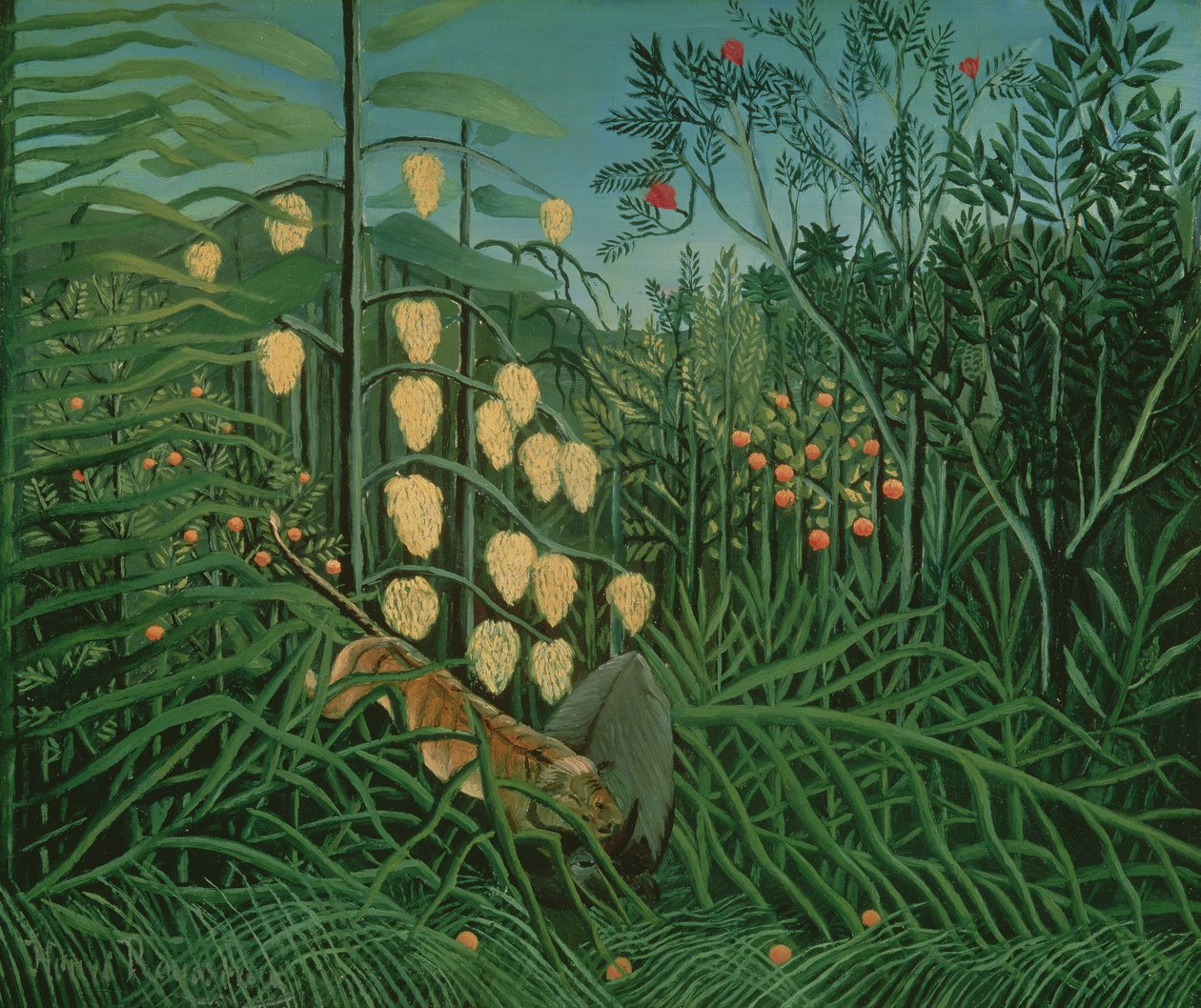 Trooppinen metsä: Battling Tiger and Buffalo, 1908. tekijältä Henri Rousseau