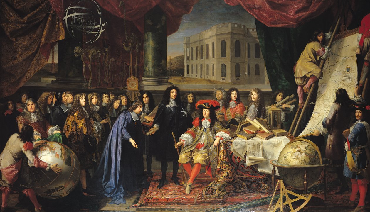 Jean-Baptiste Colbert (1619-1683) Esittelee Kuninkaallisen tiedeakatemian jäsenet Louis XIV:lle (1638-1715) n. 1667 tekijältä Henri Testelin