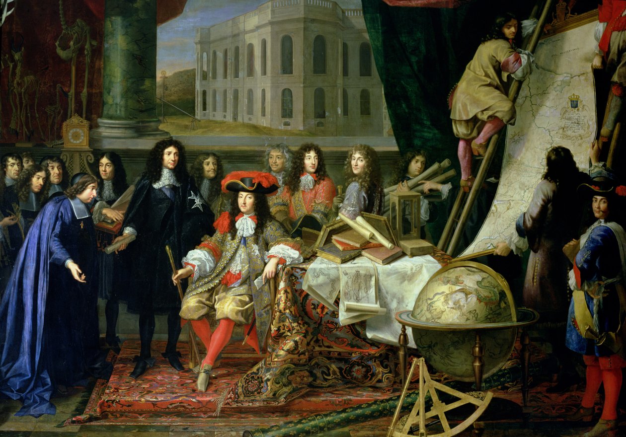 Jean-Baptiste Colbert (1619-83) Esittelee Kuninkaallisen tiedeakatemian jäsenet Louis XIV:lle (1638-1715) n. 1667 (yksityiskohta) (katso myös 104626) tekijältä Henri Testelin