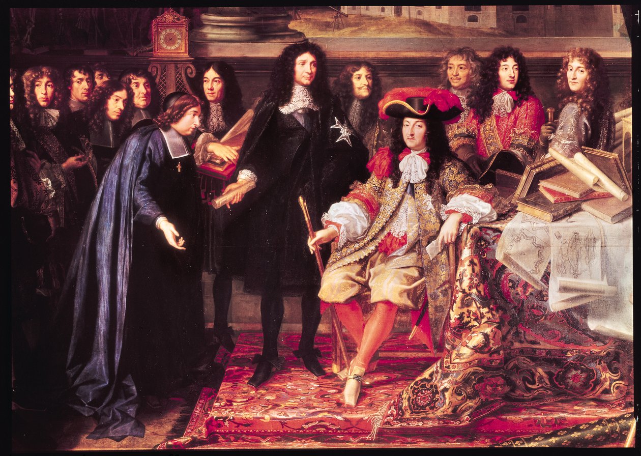 Jean-Baptiste Colbert (1619-83) Esittelee Kuninkaallisen tiedeakatemian jäsenet Ludvig XIV:lle (1638-1715) keskiosan yksityiskohta, n. 1667 tekijältä Henri Testelin