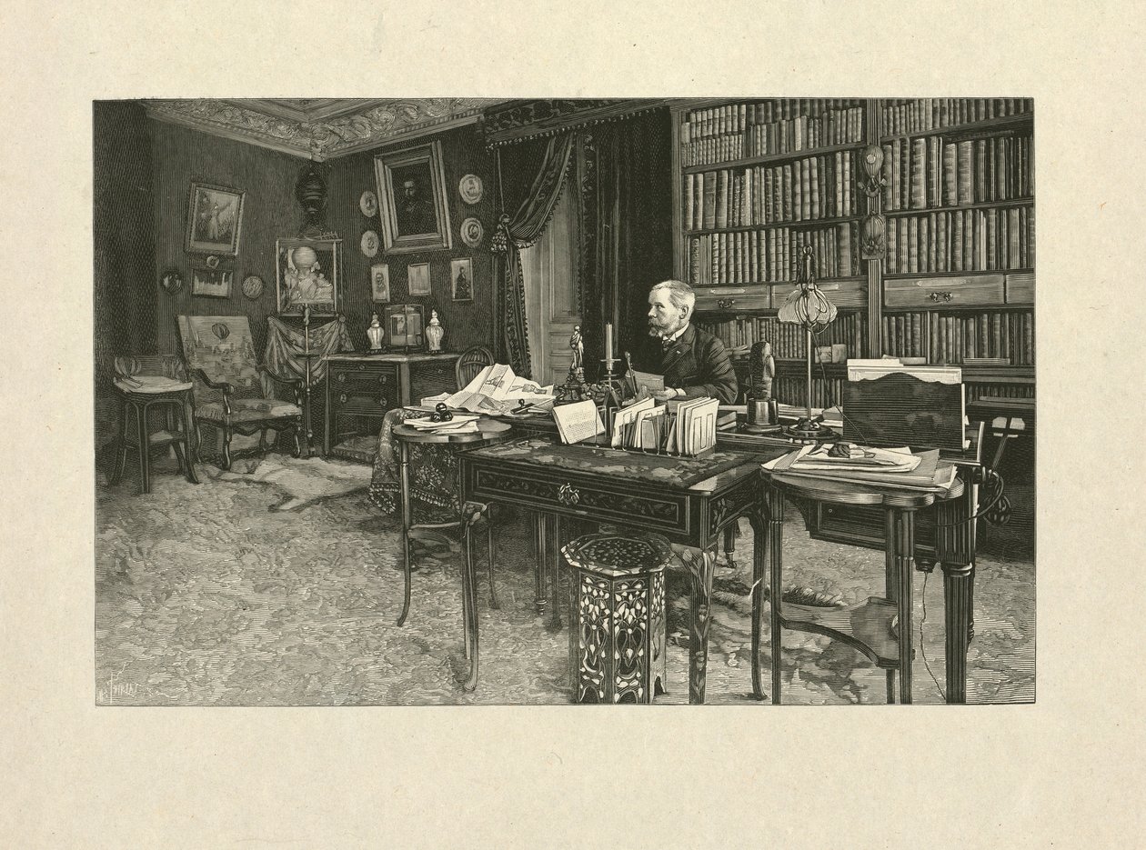 Gaston Tissandier, ranskalainen ilmapalloilija, istuu työpöydän ääressä työhuoneessaan, 1880-1900 (puukaiverrus) tekijältä Henri Thiriat