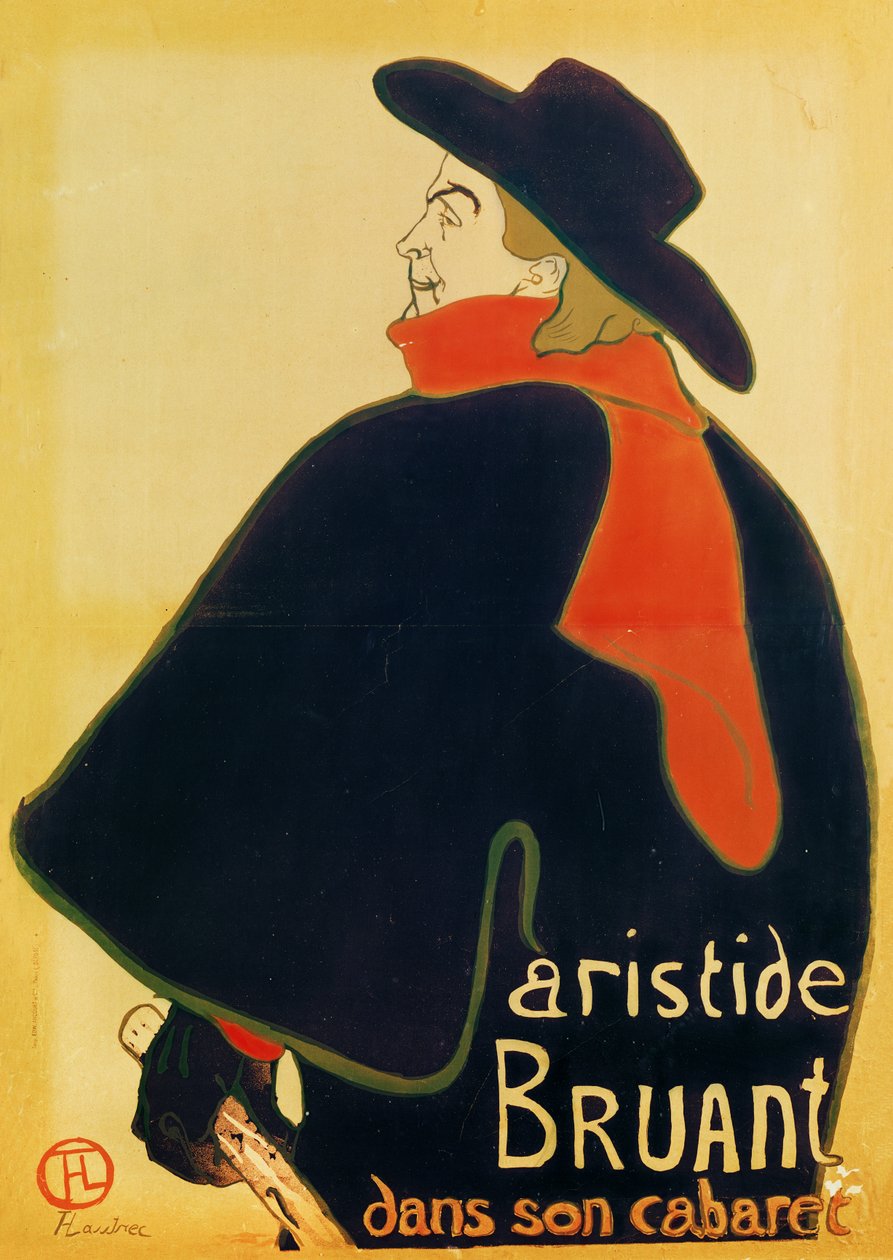 Aristide Bruant kabareessaan, 1893 (värilitografia) tekijältä Henri de Toulouse Lautrec